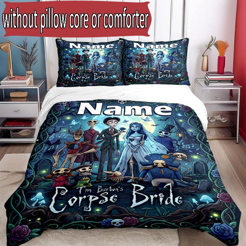 3pcs Duvet Cover Set (1*Duvet Cover + 2*Pillowcase, Without Core), Custom Name Corpse Bride Pattern Bedding Set, Home Bedroom Decor Gift