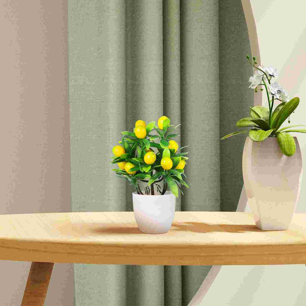 Yellow Pot Mini Lemon Tree Bonsai Artificial Plants Faux Desk Home Office Decor Indoor Green Realistic Fake Plant Nament No