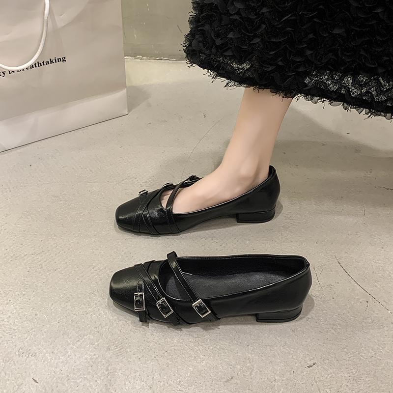 Fashion Women's Coarse Heel Shoes Autumn New Square Head Shallow Mouth Belt Buckle Soft Sole Anti-slip Wear-resistant Low-top Shoes
