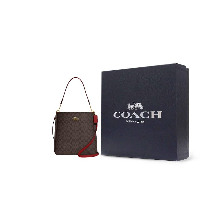 Coach Mollie Classic Logo Print Snap Closure Detachable Shoulder Strap Coated Canvas Smooth Leather Bucket Bag Women bags Brown CA561-IMRVQ