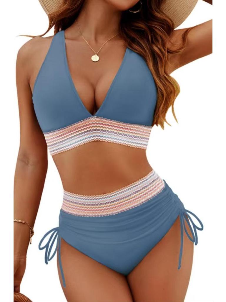Женский купальник с глубоким V-образным вырезом, высокой талией и разрезом - Сексуальное облегающее бикини