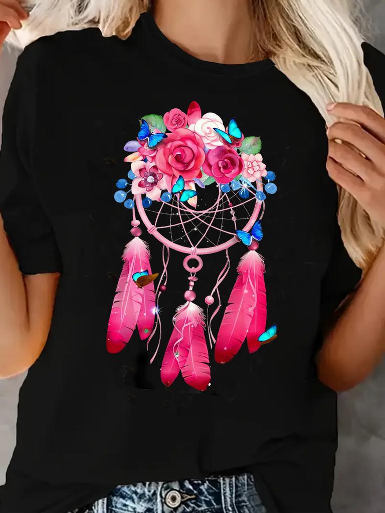 90S Feather Dreamcatcher Women Fashion T Shirt Harajuku Graphic Tees Shirt Femme Dream Catcher Women's T-shirt Clothes Tops Tee