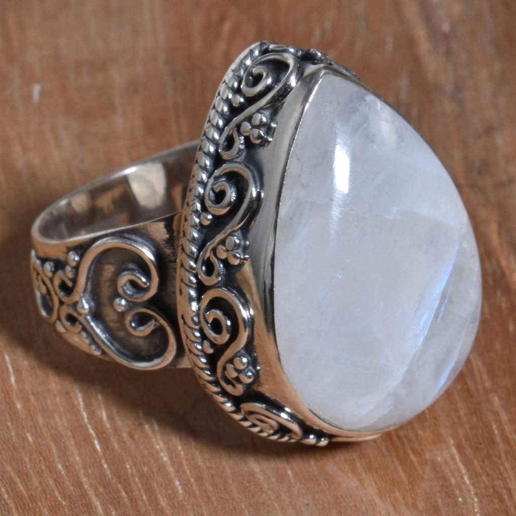 Кольцо-капля ручной работы из стерлингового серебра 925 пробы с натуральным радужным лунным камнем ручной работы для унисекс