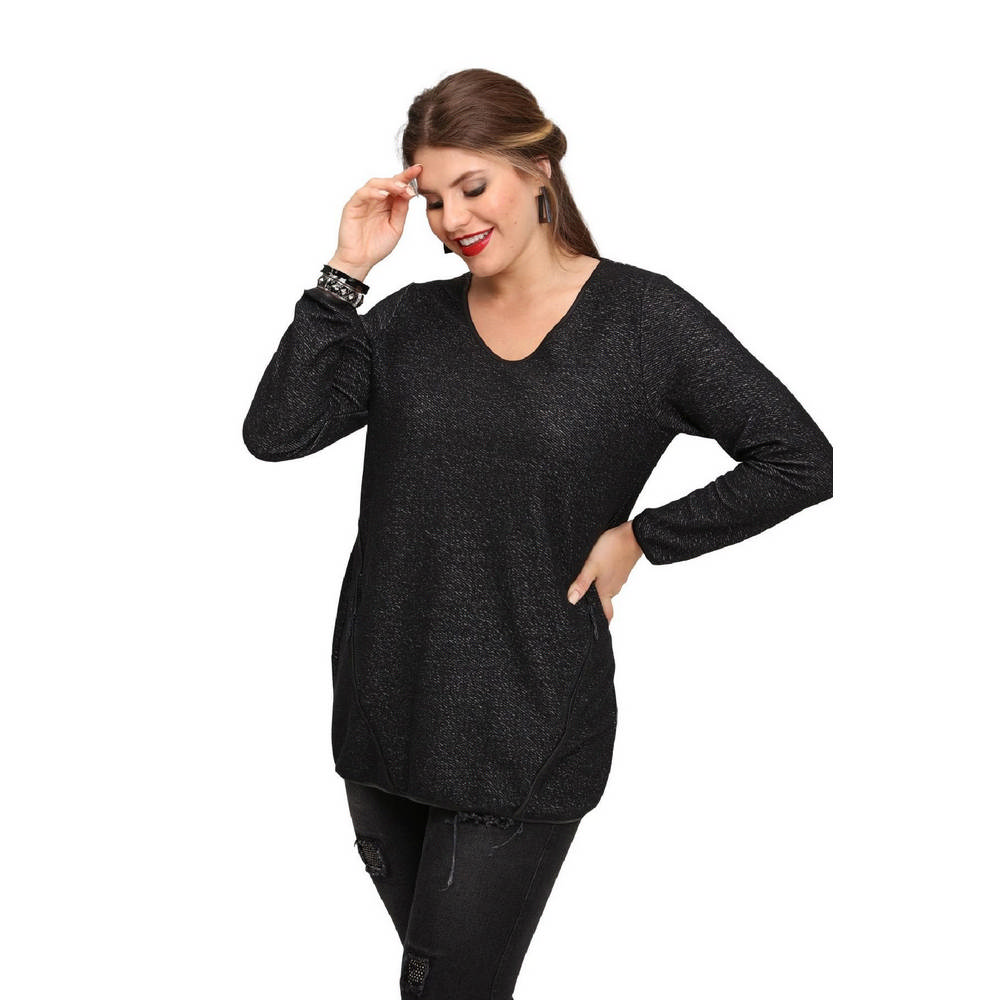 Fierte Женская блузка большого размера Lm43210 с v-образным вырезом, потайным карманом на молнии и длинным рукавом, черная