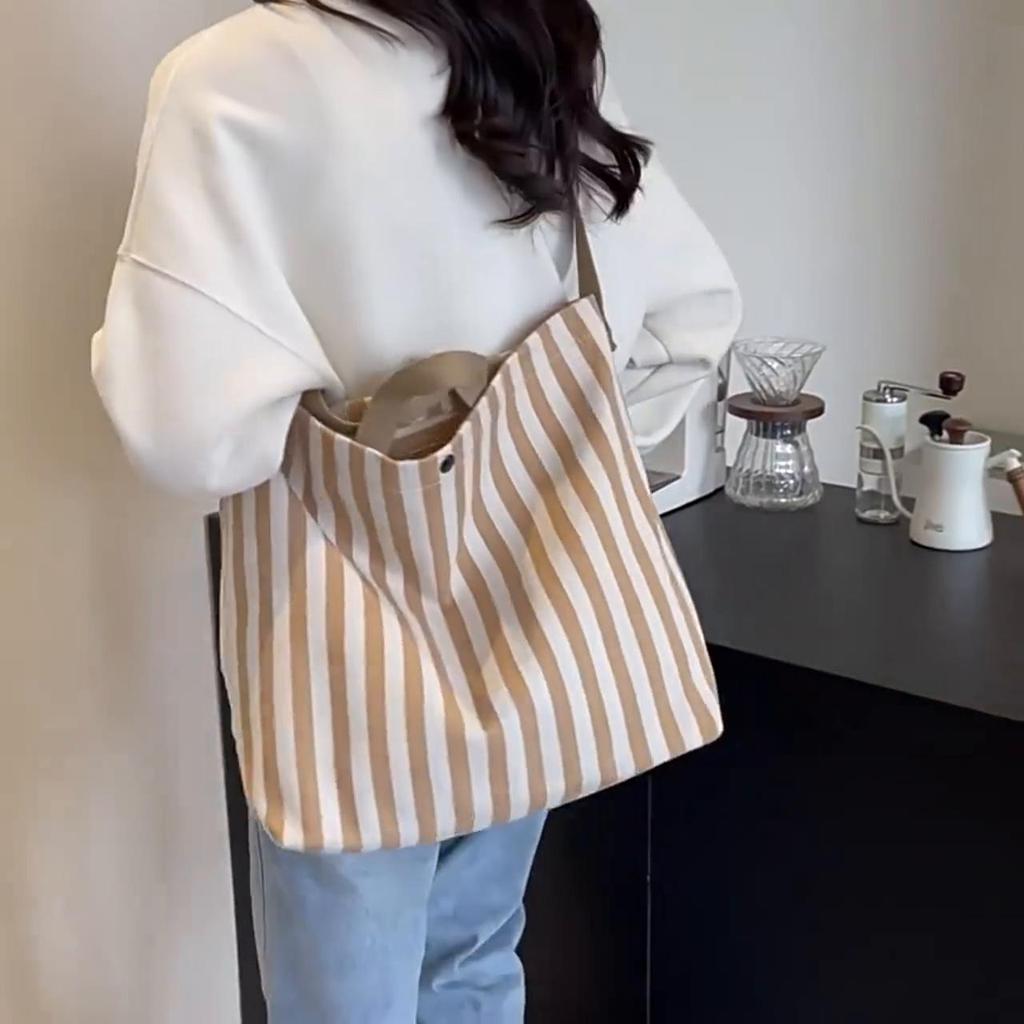 Women's Tote Bag Striped Canvas Casual Handbags For Ladies Simple Shopping Large Capacity Shopper School Shoulder Bag ARI