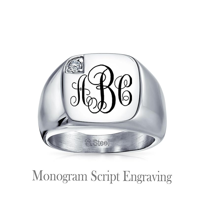 personalized men's cubic zirconia CZ accent sculpture monogram initial statement square signet ring silver tone stainless steel
