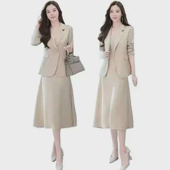 Women's Spring Chic Two-Piece Suit Dress: Mid-Length Suspender Dress with Elegant Style, Available In Plus Sizes