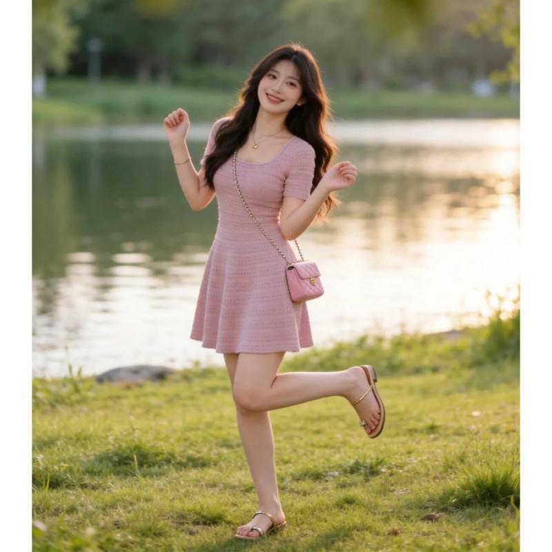 Elegant French Style Purple Short Sleeve A-Line Midi Dress Women 2026 High Waist Slim Fit