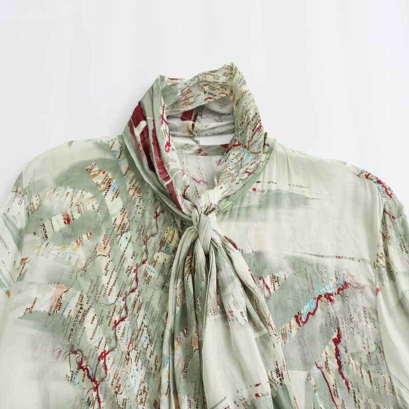 24 Spring New Arrival Fashion Style Women's Clothing Casual Loose Bowknot Decoration Print Shirt Tops 2356008 330