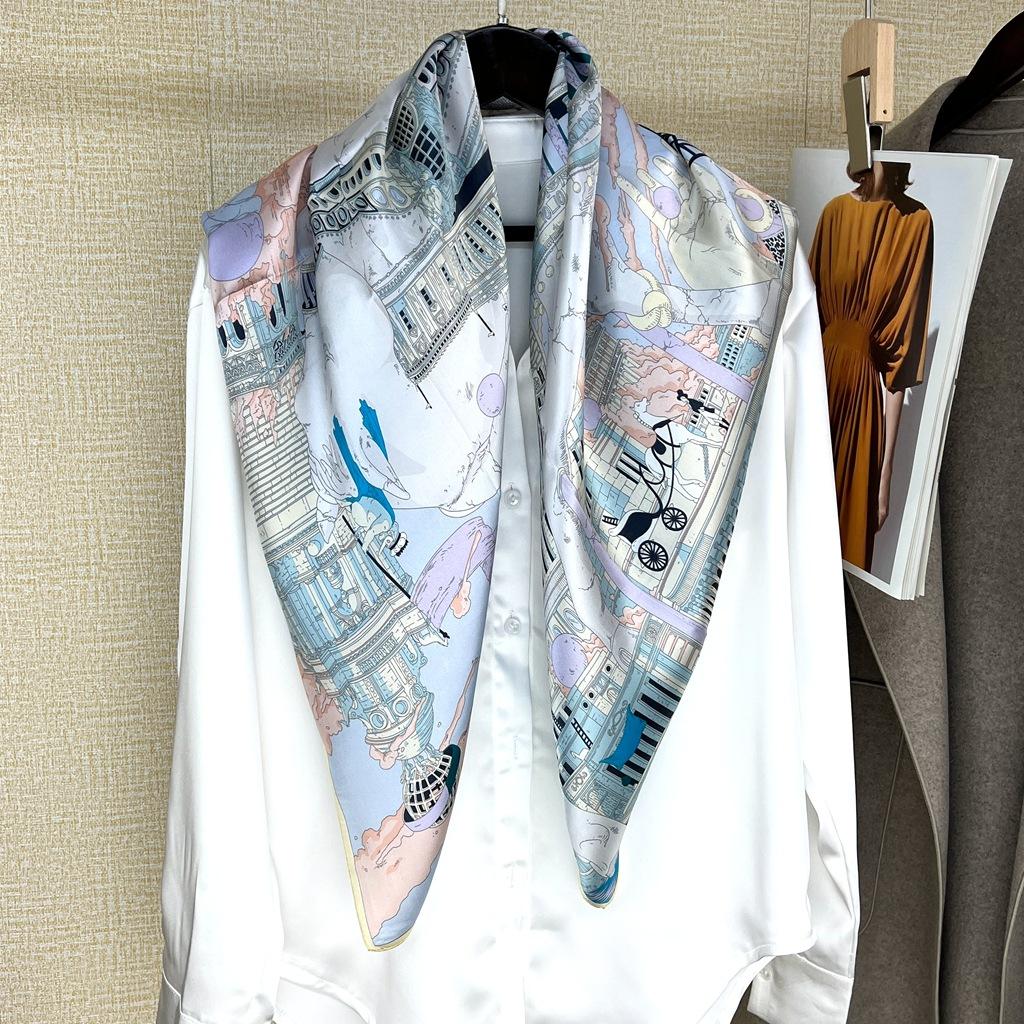 Horse Country 90Cm Silk Satin Silk Scarf Painting Framed Shawl Spring And Summer Scarf Sun Protection Mulberry Silk Square Scarf
