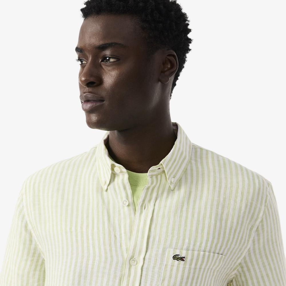 [lacoste] Men's Linen Stripe Short-Sleeve Shirt CH8061-56G374