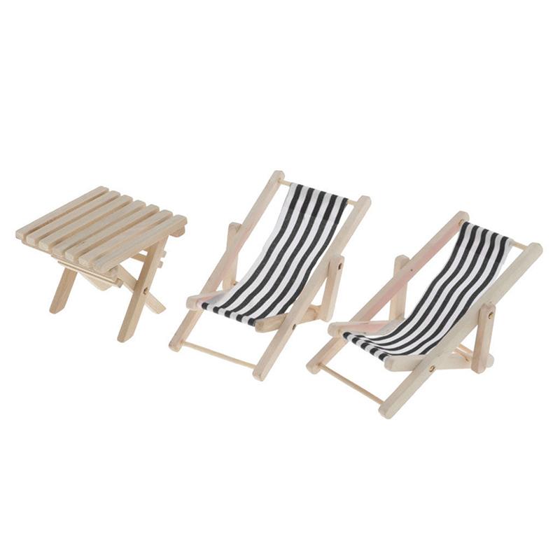 1:12 Mini Foldable Wood Beach Chair Recliner Sunbathing Chair Chaise Dollhouse