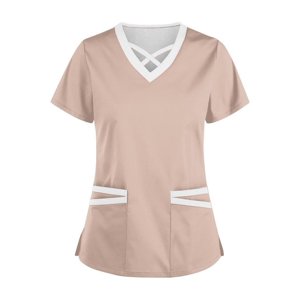 Women's Fashionable V-Neck Short-Sleeved Work Clothes With Drawstrings And Pockets Color Matching Tops And Protective Clothing