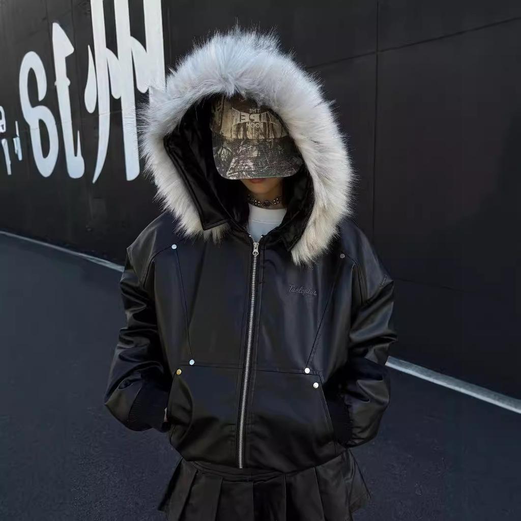 ZYLLO Y2K European American winter thickened coat leather lining hooded fur collar cotton coat youth trend classic black cool
