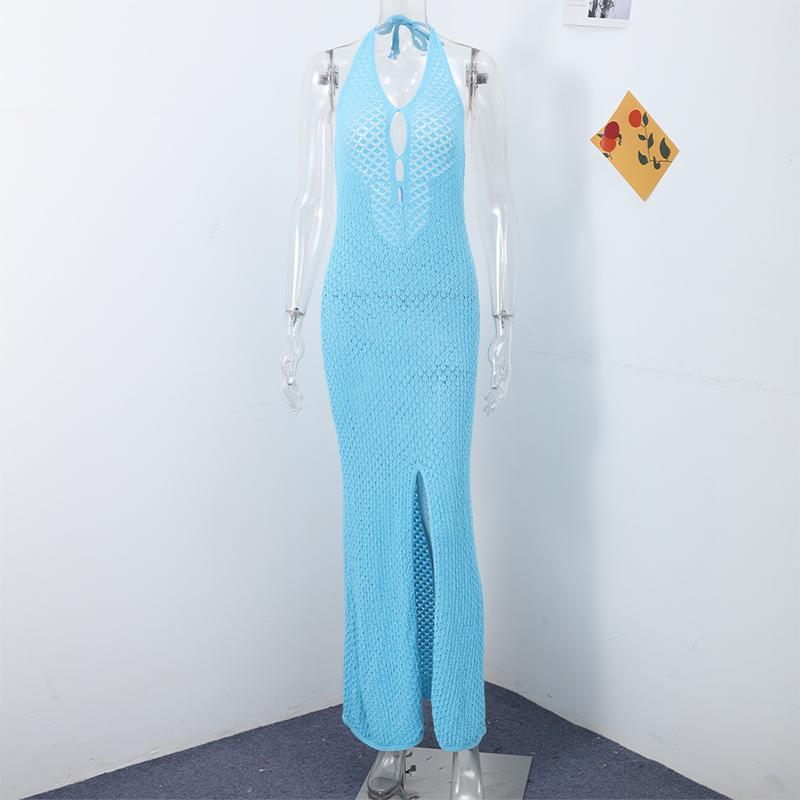 Женское сексуальное трикотажное платье с висячим вырезом без рукавов с глубоким V-образным вырезом, однотонные облегающие платья, летняя мода, ажурное трикотажное длинное платье, праздничные пляжные халаты