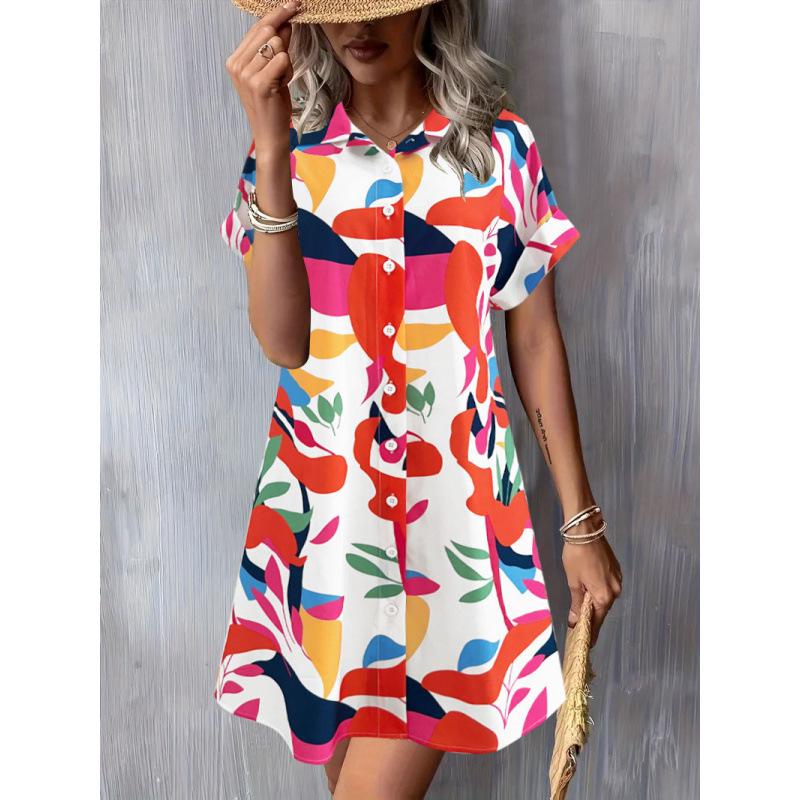 2025 Amazon cross-border summer new fashion temperament commuter short sleeve printed shirt button dress women's clothing