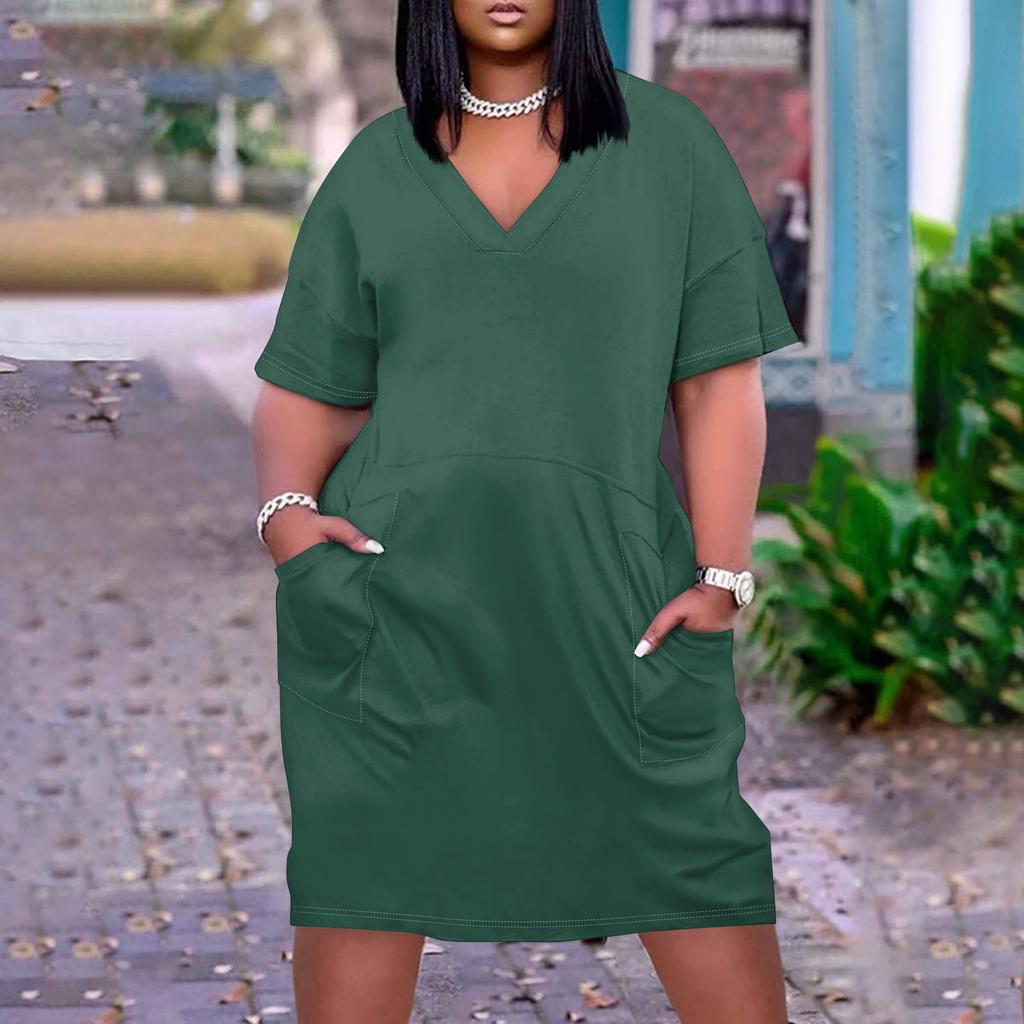 Лето плюс размер V-образным вырезом с коротким рукавом и карманом до колена с градиентным принтом повседневное платье для женщин