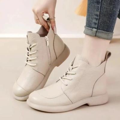 Обувь для женщин 2024 года, горячая распродажа, женские ботинки с боковой молнией, весна-осень, круглый носок, однотонные, короткие, на низком каблуке, на шнуровке, голые ботинки