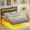 Floating Bed Frame, Upholstered 4ft6 Double Size Bed, Platform Bed with RGB LED Lights and Charging Station, Grey