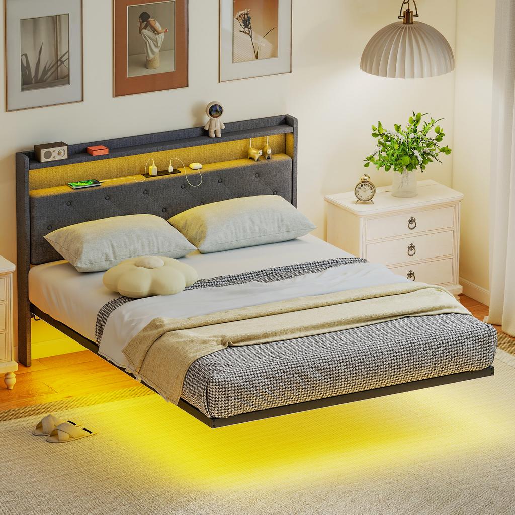 Floating Bed Frame, Upholstered 4ft6 Double Size Bed, Platform Bed with RGB LED Lights and Charging Station, Grey