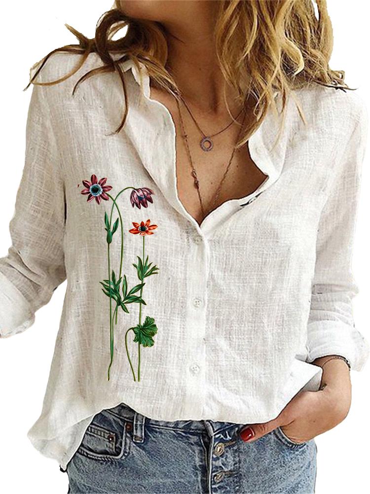 Женская модная рубашка с длинным рукавом, свободный топ из хлопка и льна, женские повседневные блузки с принтом