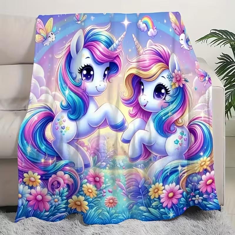Fantasy Unicorn Couple Flannel Blanket Geometric Floral Vibrant Mixed Colors All-Season Soft Throw for Couch Bed Blanket Gift
