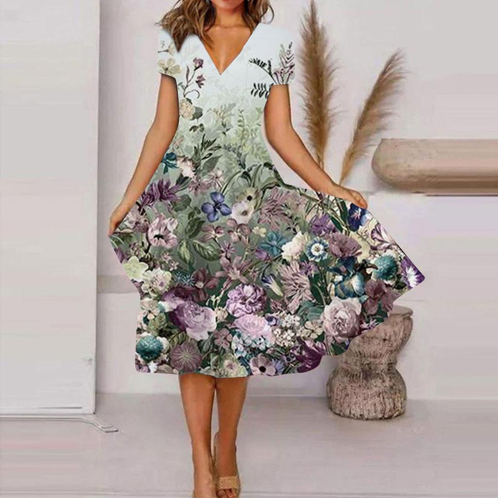 Women's Summer Casual Floral Print Short Sleeve Swing Dress