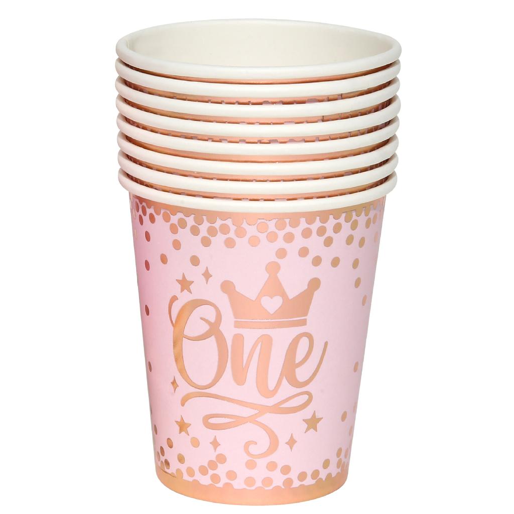 Pink Gold Girl One Year Birthday Disposable Tableware Princess Crown Plates Paper Cups 1st Baby Girl Happy Birthday Party Decor