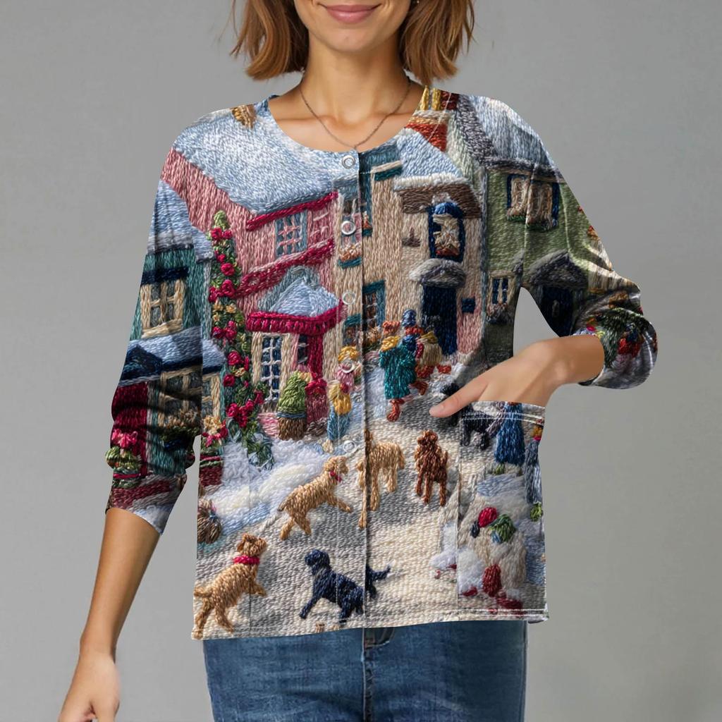 Женский повседневный кардиган на одной пуговице с длинным рукавом и принтом на рождественскую тематику