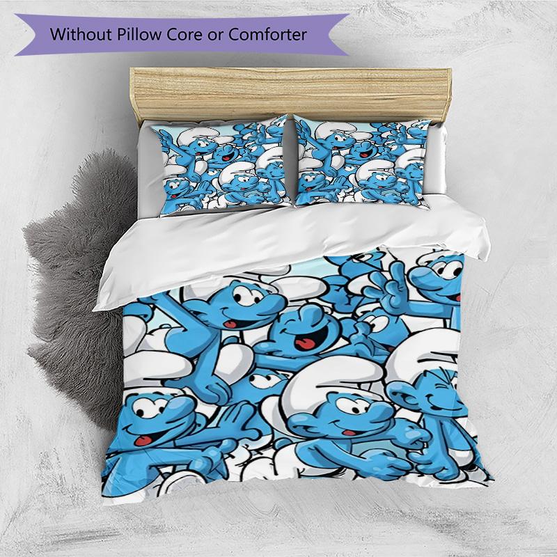 3pcs Duvet Cover Set (1*Duvet Cover + 2*Pillowcase, Without Core), Blue Smurfs Print Bedding Set, Bedroom Decor, All‑Season, Birthday Gift
