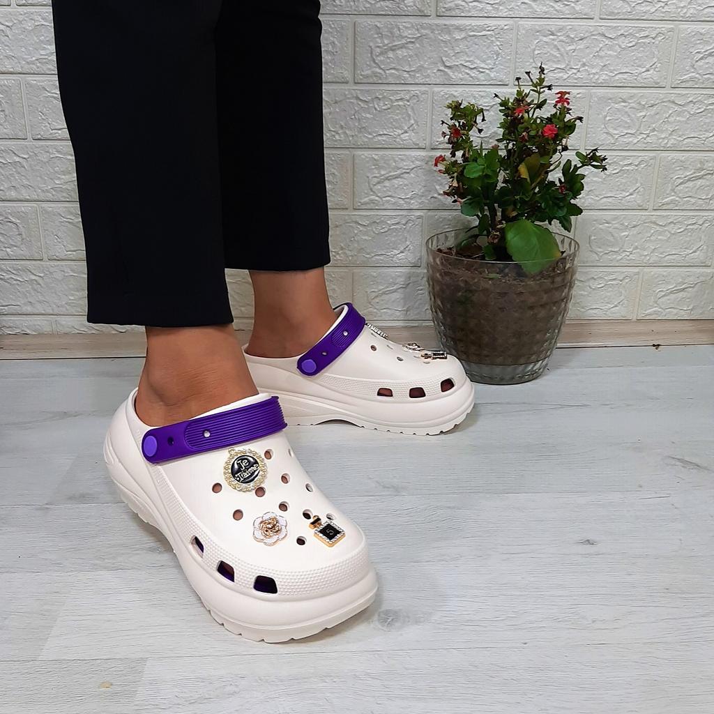 Sonimix 16001 Кремово-белые - фиолетовые женские тапочки Crks на толстой подошве с камнем