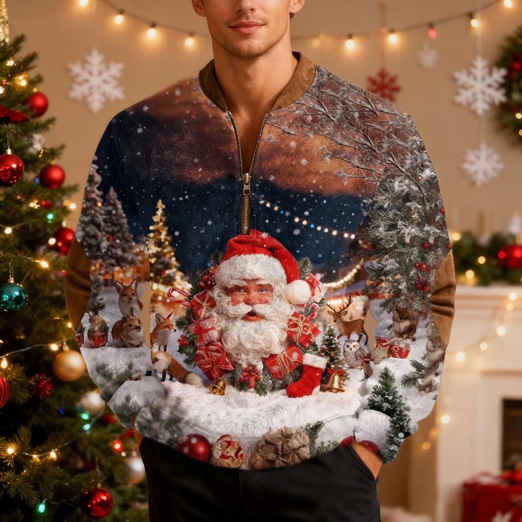 Мужской рождественский свитер на молнии, винтажный вязаный графический свитшот, рождественский пуловер со стойкой