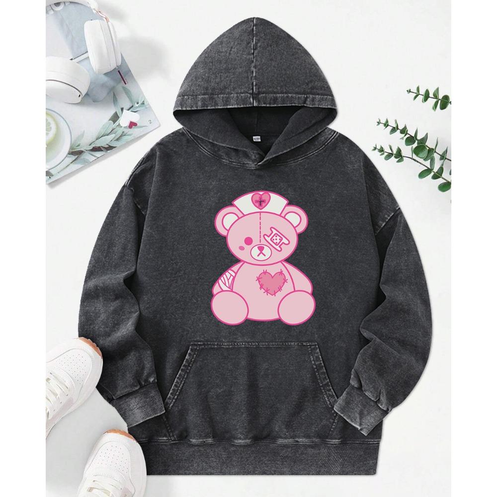 Broken Bear Creative Print Women Snow Wash Hoodie Autumn Loose Hoody Casual Soft Pullovers Vintage Cotton