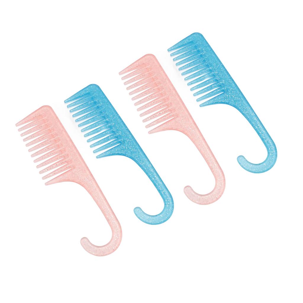 4pcs Wide Tooth Comb with Hook Rounded Handle Detangling Comb Pink Blue Transparency