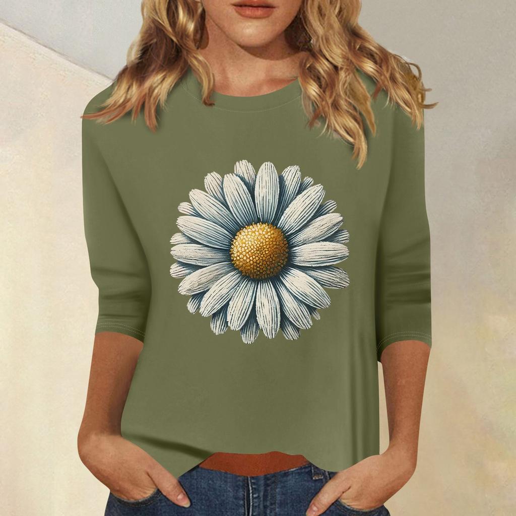 Women's Fashion Casual Printed Seven Sleeve Round Neck Top