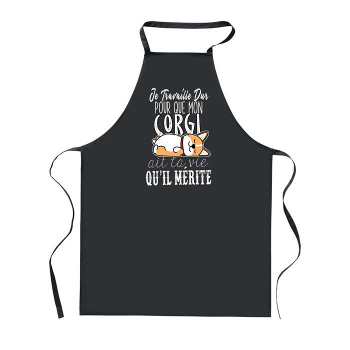 Tablier de cuisine - PLANETEE - Corgi Travailler Dur pour mon Chien - Noir - Polyester - 90x60 cm