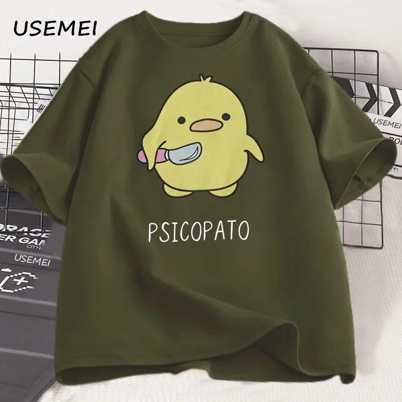 Psicopato T Shirt Unisex Unisex Cute Duck with Knife Tshirt Casual Short Sleeve Cotton Printed Round Neck Tshirt Streetwear Loose