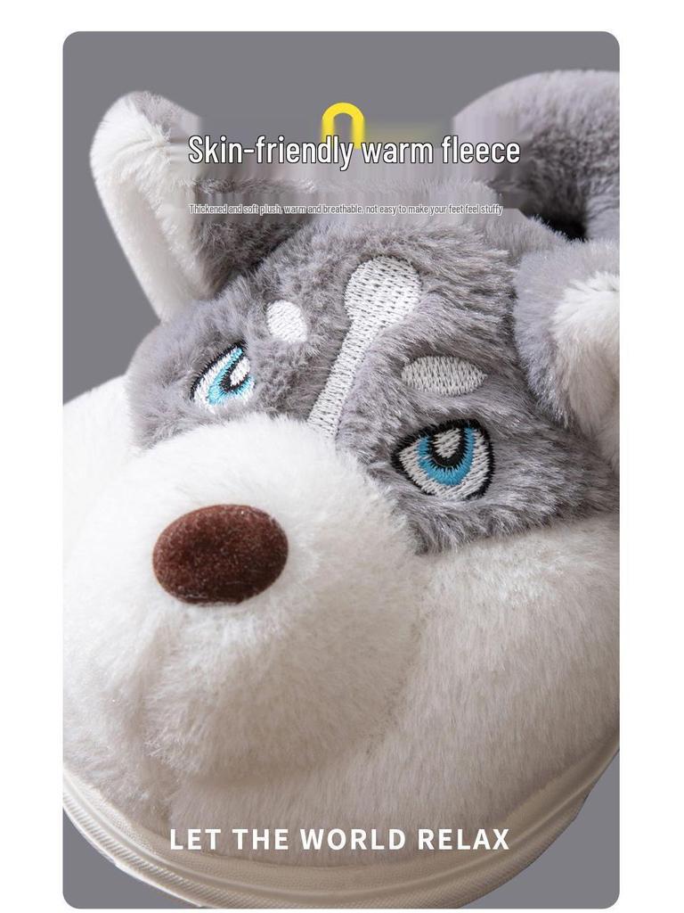 Детские зимние хлопковые тапочки - Теплая домашняя обувь с толстой подошвой и дизайном хаски для мальчиков и девочек