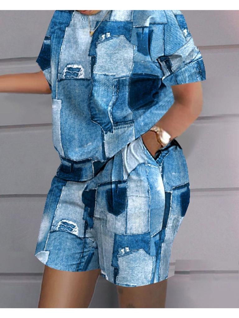 Casual Women's 2-piece 3d Printed Fashionable Short Sleeved Top and Shorts Set Oversized Loose and Simple 2-piece Set