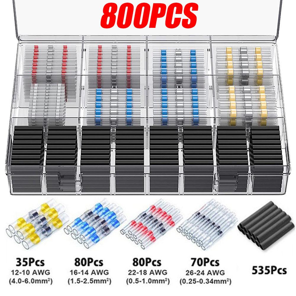 100/800PCS Solder Seal Wire Connectors Heat Shrink Solder Butt Connectors Kit Automotive Marine Insulated with 300W Hot Air Gun
