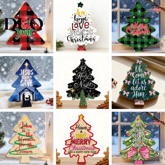 Christmas Desk Centerpiece Colorful Tree Tabletop Decor, Wooden Plaid Patterned Xmas Signs with Holiday Table Ornament Merry Greetings, Farmhouse