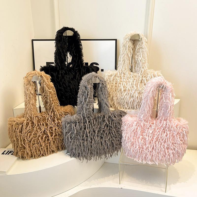 Autumn Fashion Plush Portable Tote Bag New Texture Fashion Shoulder Bag Solid Color Casual Women's Bag