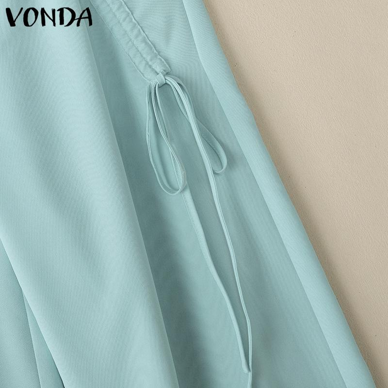 VONDA Women Summer Elastic Waist Drawstring Tie Solid Color Pants