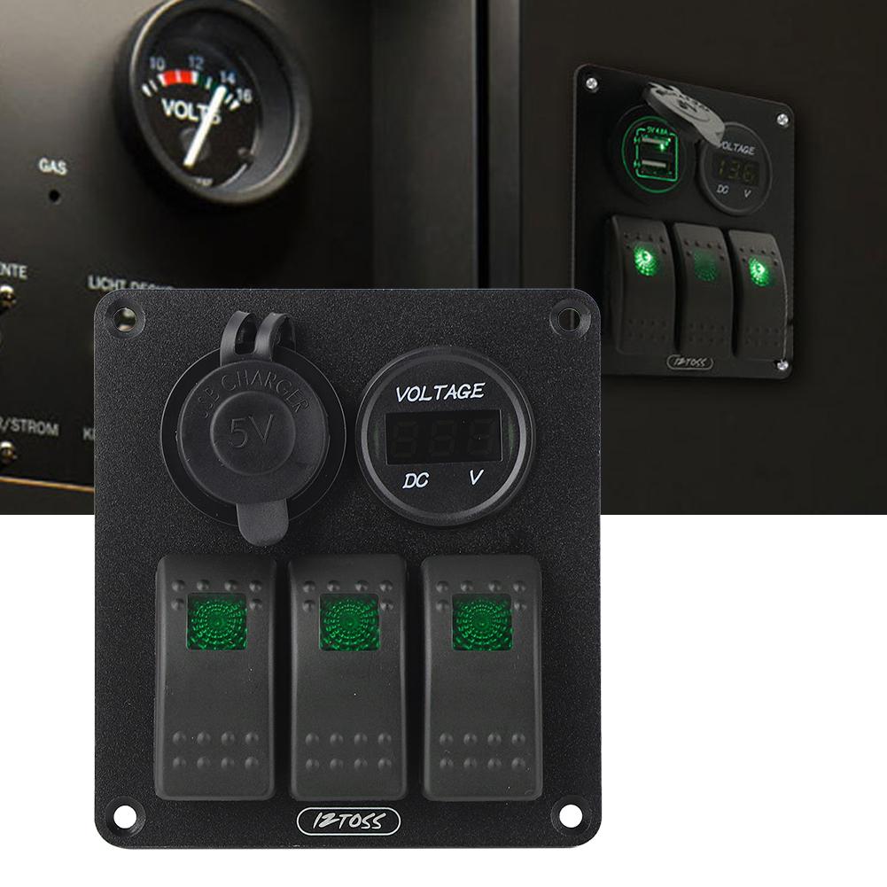 Multifunction 3 Gang Rocker Switches Panel with Voltmeter Display 4.8A Power Charger for RV BoatGreen Light