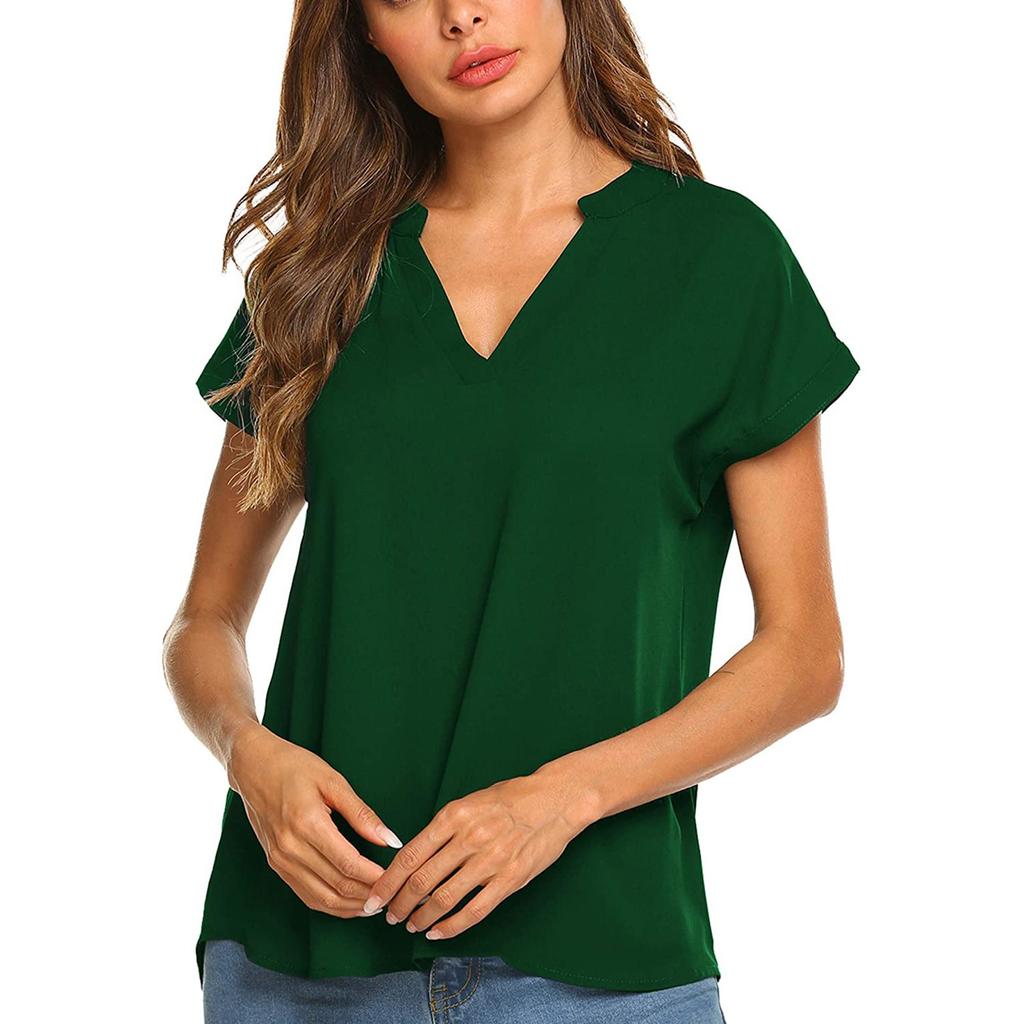 Модная женская летняя футболка с коротким рукавом и v-образным вырезом, шифоновая блузка, однотонная