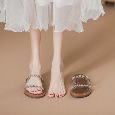 Широкие ноги толстые тапочки женские летние модные универсальные на плоской подошве одно слово со стразами сандалии богемные