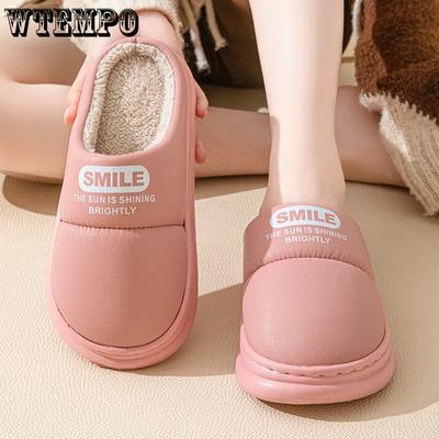 Тапочки из искусственной кожи с закрытым носком, осенне-зимние, хлопковые, для пар, ПУ, толстый плоский каблук, домашние, плюшевые, теплые тапочки