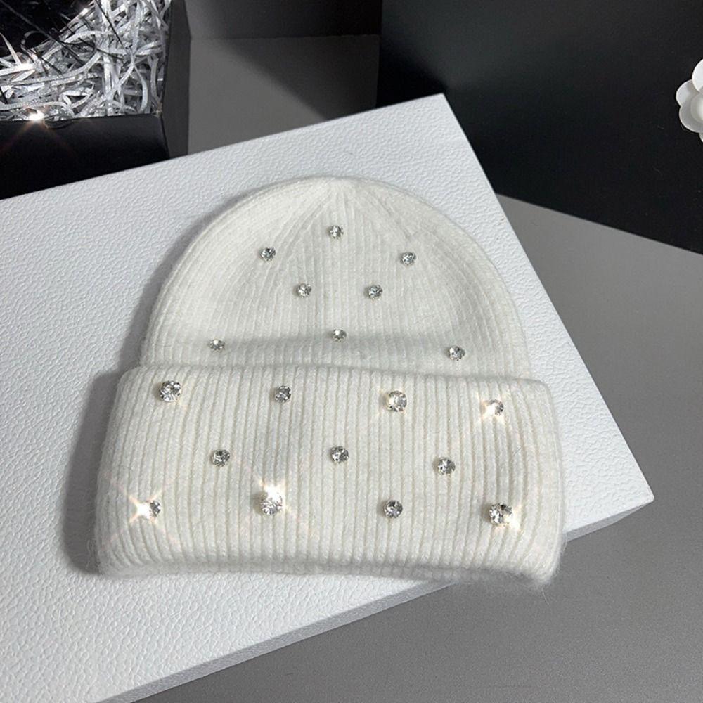 Rhinestone Beads Pullover Yarn Hat Rabbit Fur Warm Bonnet Beaanies Korean Wool Skullies Cap Women