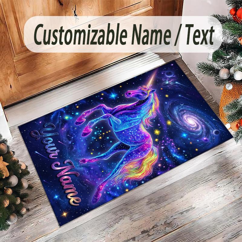 Unicorn Theme Crystal Velvet Floor Rug Personalized Custom Name Text Warm Carpet Home Decoration