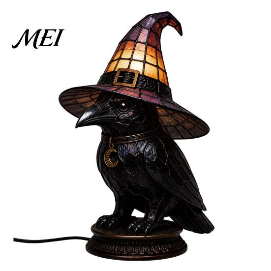 Gothic Bedroom Lamp Witch Hat Lamp, Stained LED Light, Halloween Table with Warm Glow, Vintage Style Decor Night Light for Mantel Bookshelf